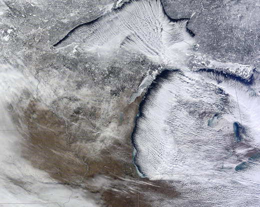 Lake-effect snow is evident in this image, notably on the eastern shores of Lake Michigan. The image was taken in January 2013 by NASA's Terra space craft. CREDIT: NASA