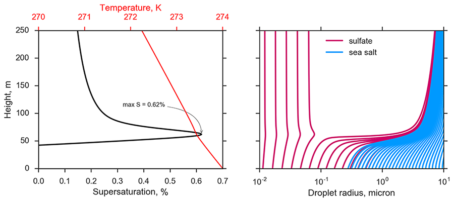 Figure 1. A parcel model simulation shows how aerosols grow into cloud droplets within an ascending, adiabatic plume. The parcel’s supersaturation and temperature vary as a function of height (a). In this particular simulation, all the sea salt particles nucleated cloud droplets (b), while much of the original sulfate failed to grow large enough, resulting in wetted "haze" particles.
