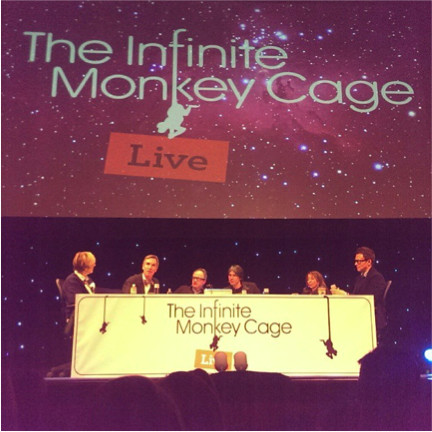 The Infinite Monkey Cage panelists . From left to right: LIsa Lampanelli, Bill Nye, Robin Ince, Brian Cox, Jenna Levin, and Tim Daly. CREDIT: Greg Stasiewicz