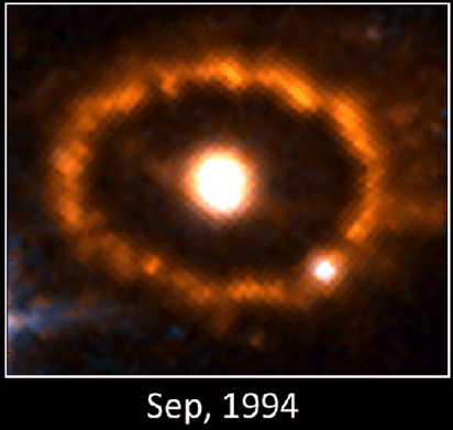 Two decades of Hubble observations reveal the effect of a blast wave compressing and heating dense regions of gas in a ring surrounding SN 1987A. The brightness was reduced by a factor of 20 to reveal the uneven distribution and heating of material and the growth of the asymmetric ejecta pattern. Credit: Hubble, NASA, C. Fransson et al. ApJL 2015, adapted by Greg Stasiewicz