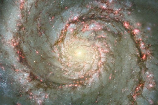 The central regions of M51 in a composite of images from the Hubble Space Telescope and Kitt Peak National Observatory.