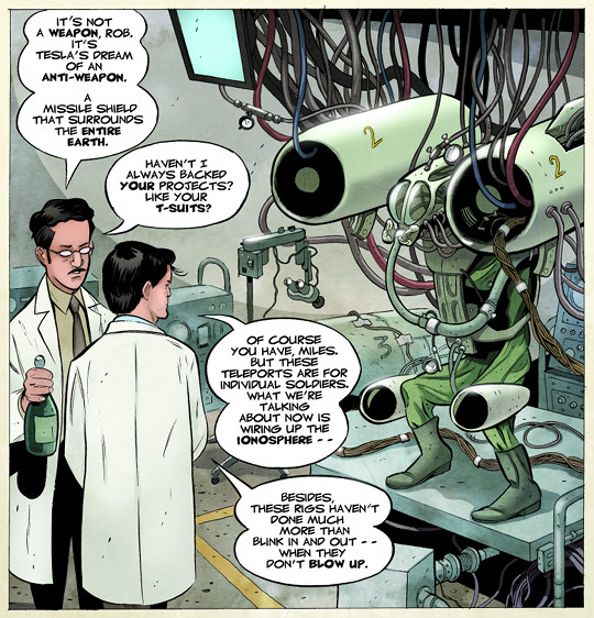 Miles Riley (holding the bottle of champagne) and Robert Johnson discuss their respective research projects, both of which are supposedly based on Nikola Tesla's theories. RASL™ is © 2013 Jeff Smith. CREDIT: Cartoon Books