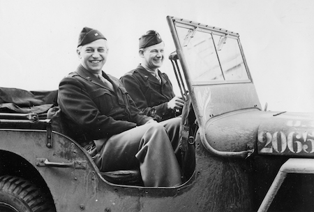 John Trump (right) rides in a military jeep with Lee DuBridge, director of the MIT Radiation Lab, in Paris during World War II. Credit: AIP Emilio Segrè Visual Archives