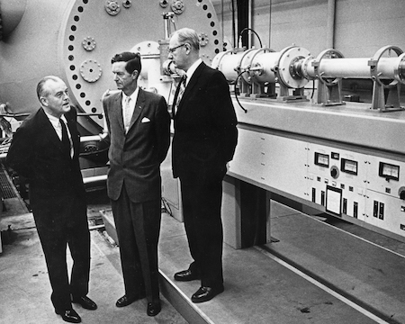 John Trump (right) founded the High Voltage Engineering Corporation with Robert Van de Graaff (left) and Denis Robinson. AIP Emilio Segrè Visual Archives, Physics Today Collection, courtesy Nancy Sirkus