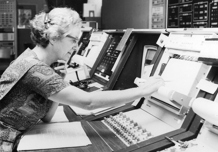 Nancy Grace Roman at a console for the OAO 3 mission.