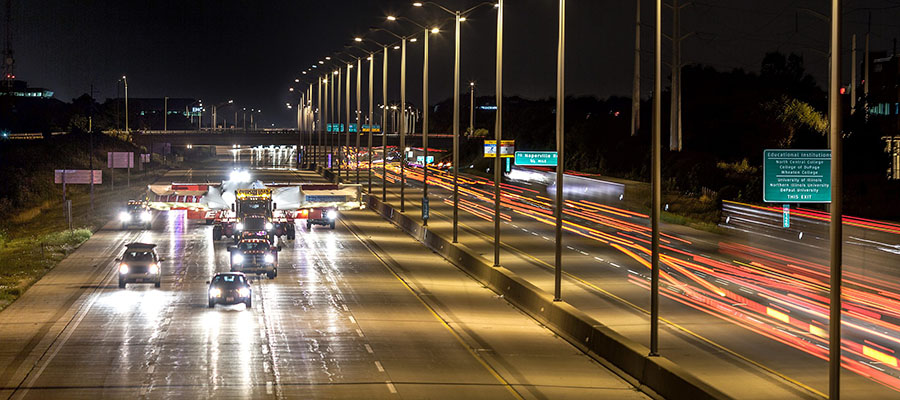 A truck carrying the electromagnet travels along Interstate 88 in Illinois.