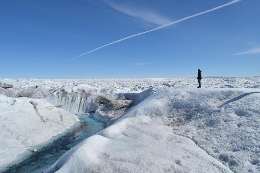 A person standing on an Antarctic glacier