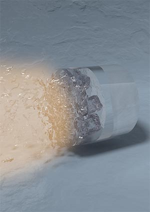 Artistic rendering of the laser compression experiment. Powerful lasers focused on the surface of a diamond generate a sequence of shock waves that propagate throughout the sample assembly (from left to right). The shock waves simultaneously compress and heat the initially liquid water sample, forcing it to freeze into the superionic water ice phase. Credits: Marius Millot, Federica Coppari, Sebastien Hamel (LLNL); image by Liam Krauss (LLNL).
