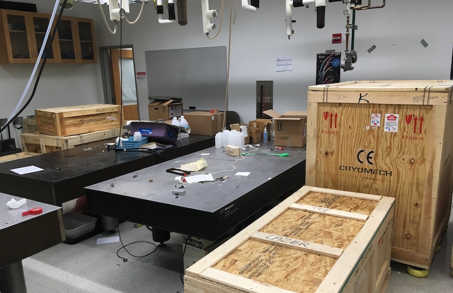 Boxing up lab equipment.