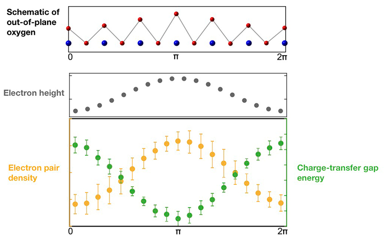 Relationship between oxygen height, charge-transfer gap, and density of Cooper pairs.