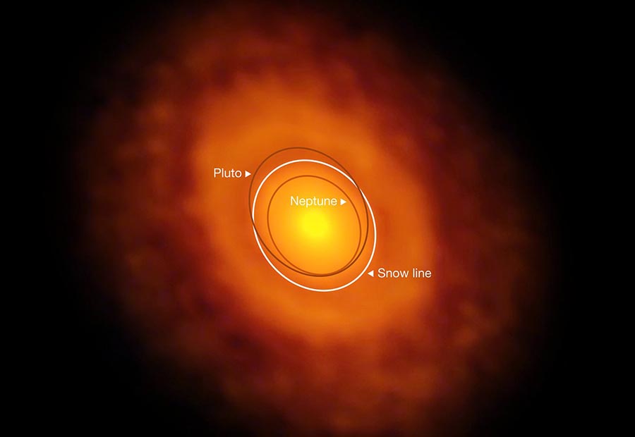 The gaseous protoplanetary disk around V883 Orionis. A dark band midway through marks the water snow line at close to the radii of Neptune’s orbit in our solar system.