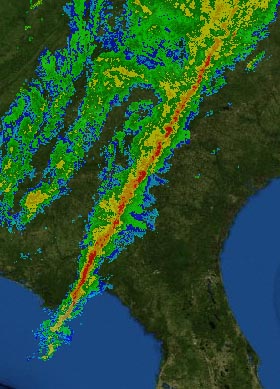A radar image captures the distinct profile of a squall line that spans Georgia and the Florida panhandle.