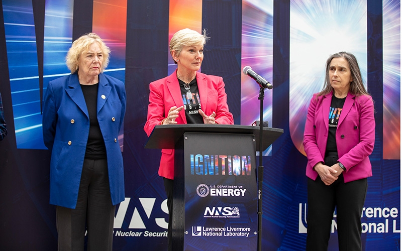 Energy Secretary Jennifer Granholm speaks at a podium at Lawrence Livermore National Laboratory.