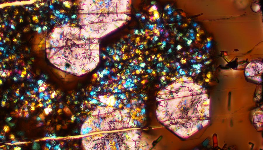 A microscope image showing garnets, glasses, and other mineral crystals.