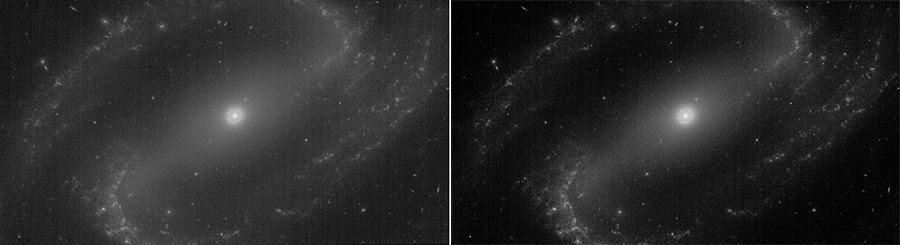 A side-by-side comparison of a galaxy before and after the curves adjustment. The main difference is the sharper contrast in the after image.