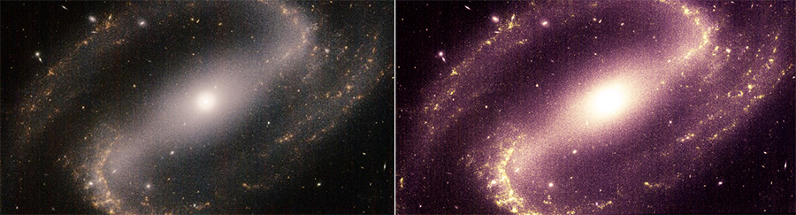 The same spiral galaxy is seen with two different color mappings and sets of adjustments.