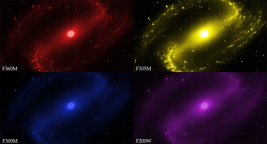 Four slightly different images of the same galaxy are seen, each filter is a different color: purple, blue, orange, and red.