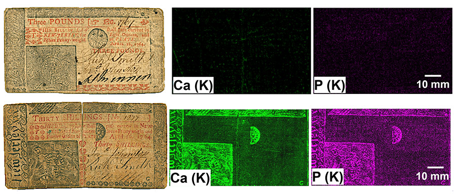 The ink in a fake bill has lots of calcium and phosphorus, which show up as green and purple, respectively, in the imaging process. Benjamin Franklin’s bills appear black through those filters.