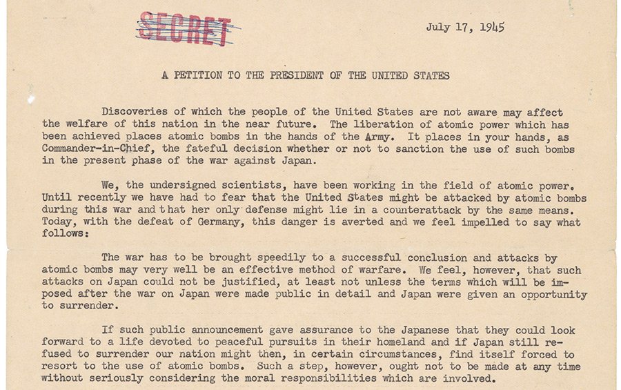 A secret letter to President Truman, dated 17 July 1945, titled "A petition to the President of the United States."
