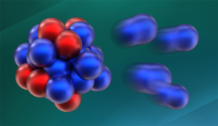 An illustration of a decaying oxygen-28 nucleus, with protons in red and neutrons in blue.