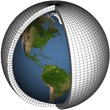 Earth as a globe with a black and white gridded shell around it sliced open to reveal North and South America