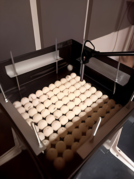 A layer of Ping-Pong balls are contained within four walls. The apparatus absorbs some of the sound produced by the speaker below it.