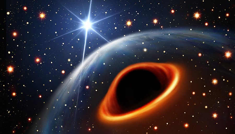 A bright star is shown next to a black hole with a shock wave in between.