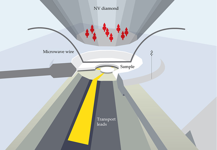 An illustration of nitrogen–vacancy centers embedded in a diamond anvil cell.