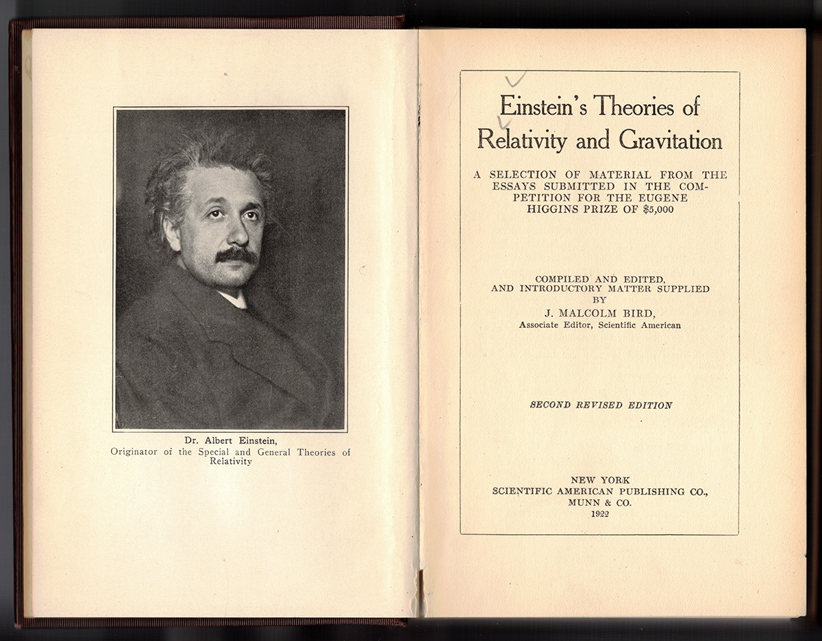 The opening pages of a book featuring a photograph of Albert Einstein.