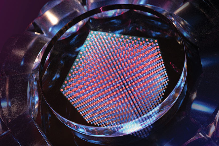 An array of red and blue spheres that represent antiferromagnetically ordered particles.