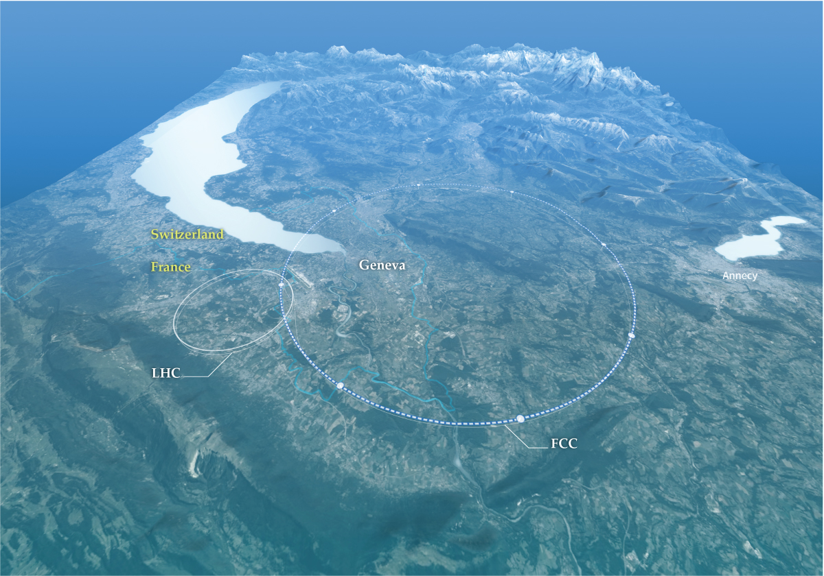 A map showing the extent of both the tunnel for the Large Hadron Collider and the proposed tunnel for the Future Circular Collider.