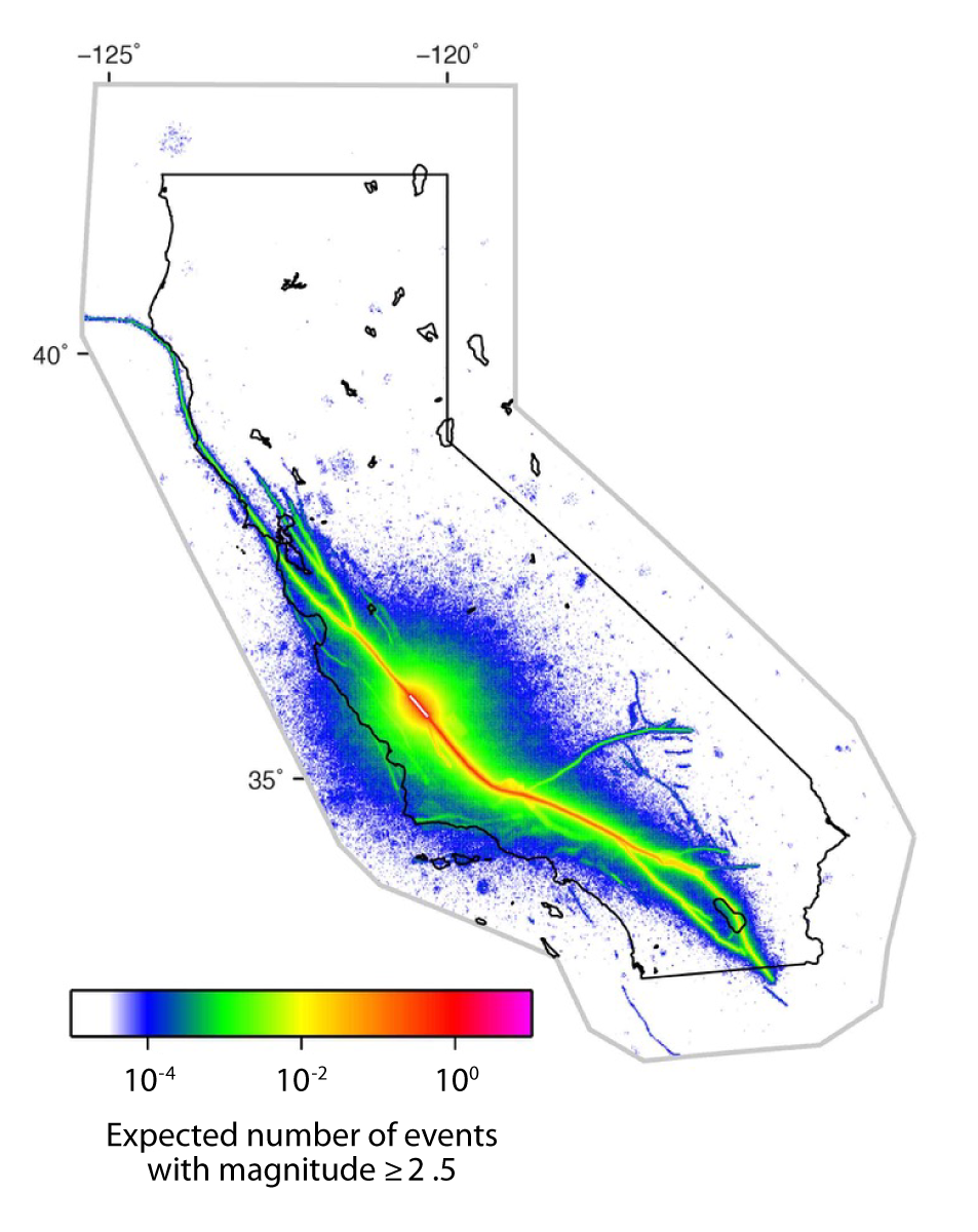A map of California with a heat map overlay that shows a higher likelihood of aftershocks near the epicenter of an earthquake, and a medium-to-low likelihood of aftershocks at farther distances from the epicenter.