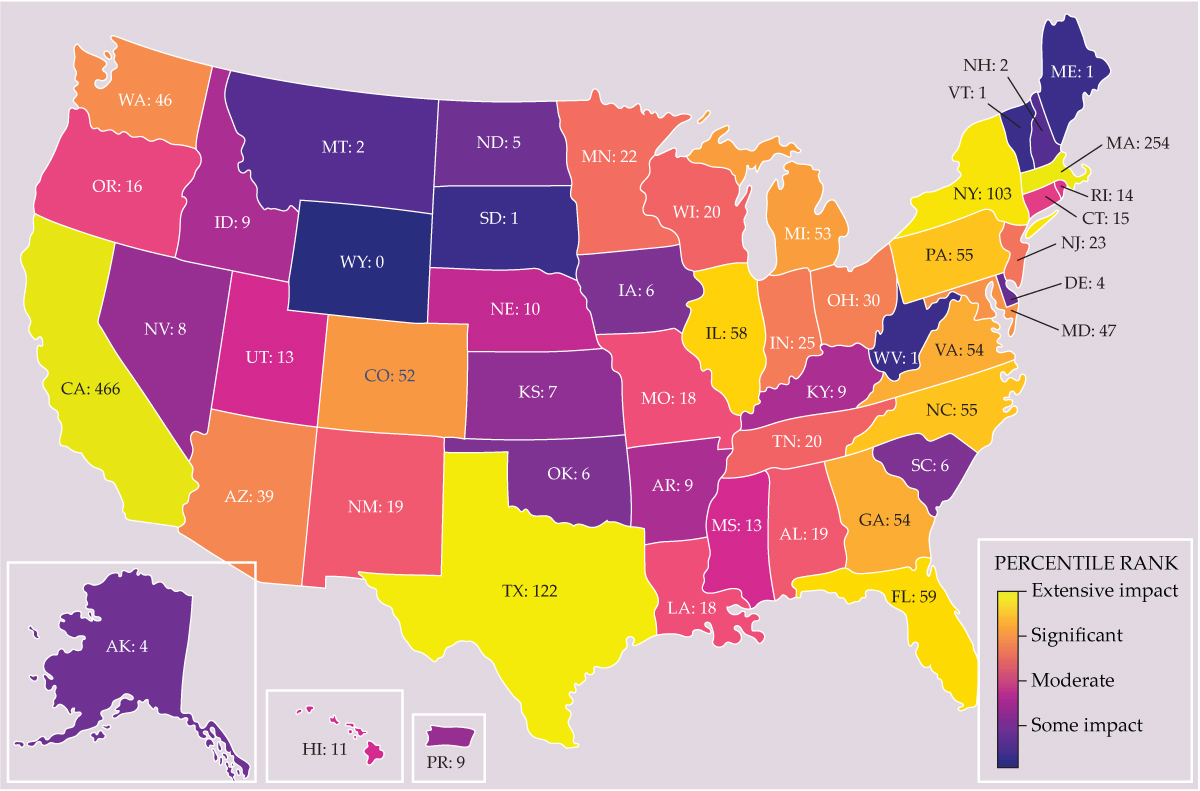 A map of the US that shows the number of grants canceled in each state.