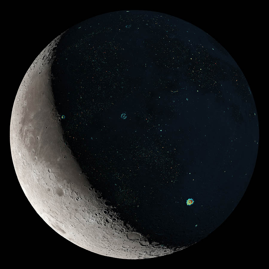 The Moon with some impact craters highlighted