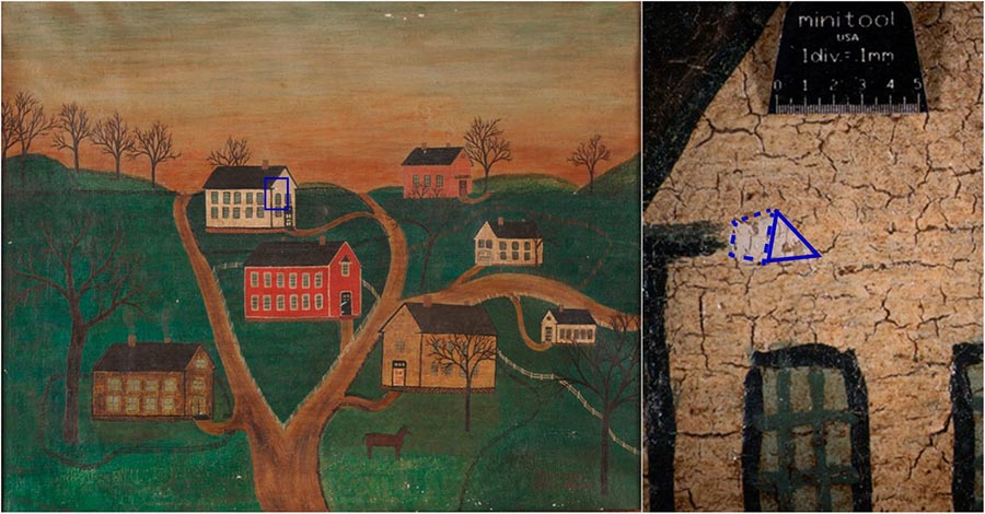 Artwork of several rural buildings with a detailed closeup