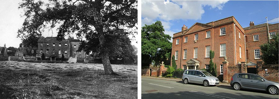 An old black-and-white and a modern color photograph of Farm Hall, a brick mansion in the English countryside