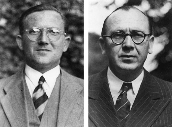 Old black-and-white photographs of stern-faced Erich Bagge and Kurt Diebner