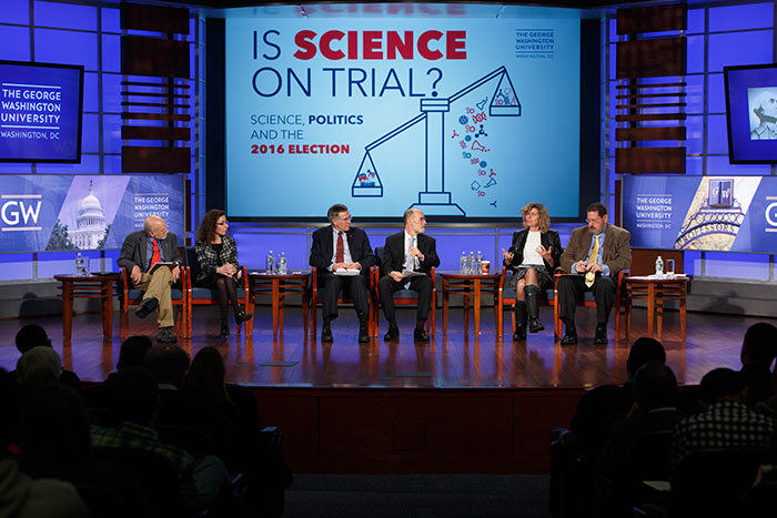 Panelists (from left) Teich, Sokolov, Holt, Mervis, Macfarlane, and Zycher. (Photo credit - William Atkins / George Washington University)