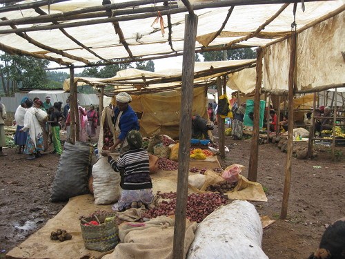 Produce vendors in the Addis Alem marketplace. Lack of storm drainage and presence of animals in the market creates muddy, insanitary conditions. CREDIT: Catherine O'Riordan