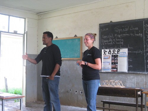 EWB team members conduct an outreach program about bridges and water resource management at the elementary school. CREDIT: Catherine O'Riordan