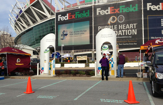 Ten charging stations are available at FedEx Field, the stadium of Washington's National Football League team. CREDIT: Pluginsites.org