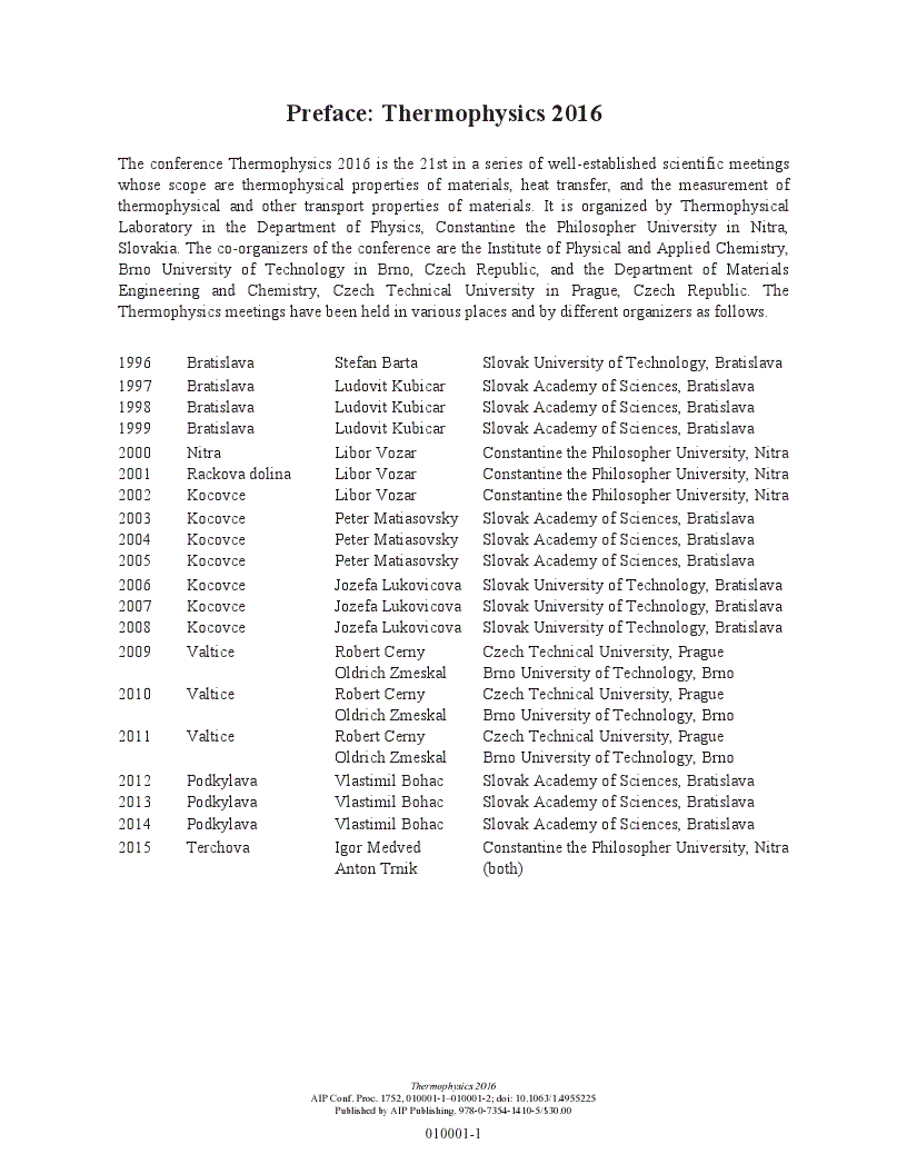 First page of Preface: Thermophysics 2016