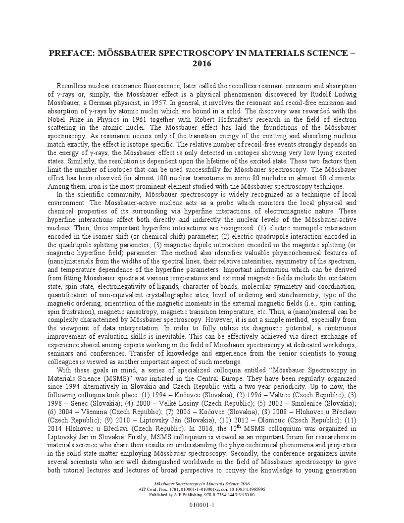 First page of Preface: Mössbauer Spectroscopy in Materials Science – 2016