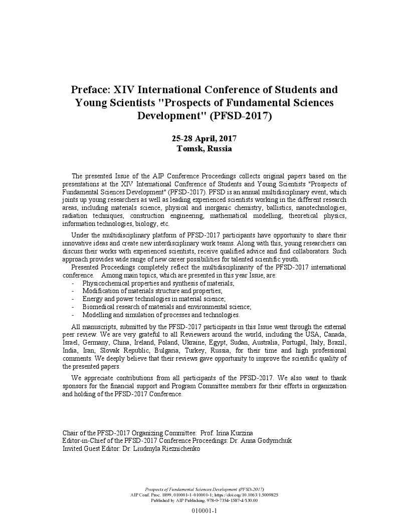 First page of Preface: XIV International Conference of Students and Young Scientists “Prospects of Fundamental Sciences Development” (PFSD-2017)