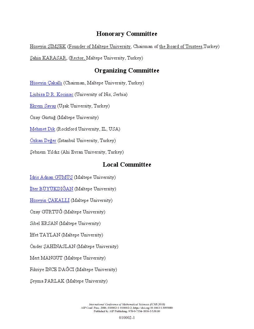 First page of Committees: International Conference of Mathematical Sciences (ICMS 2018)