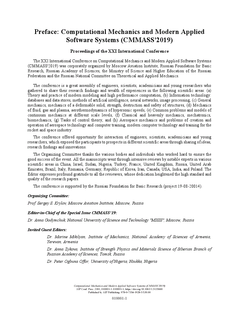 First page of Preface: Computational Mechanics and Modern Applied Software Systems (CMMASS’2019)