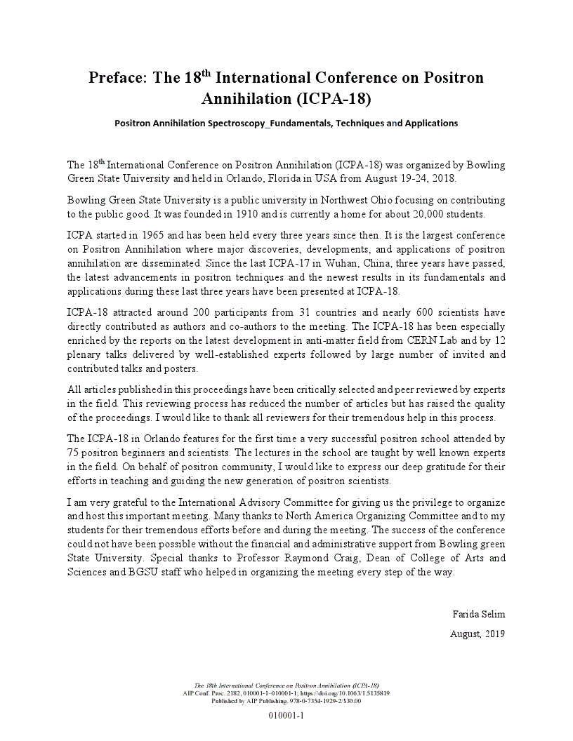 First page of Preface: The 18th International Conference on Positron Annihilation (ICPA-18)