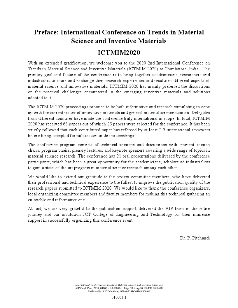 First page of Preface: International Conference on Trends in Material Science and Inventive Materials ICTMIM2020