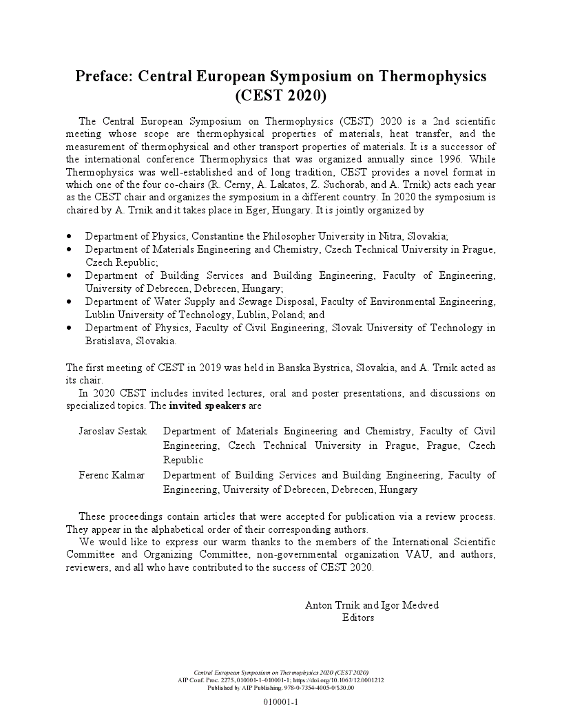 First page of Preface: Central European Symposium on Thermophysics (CEST 2020)