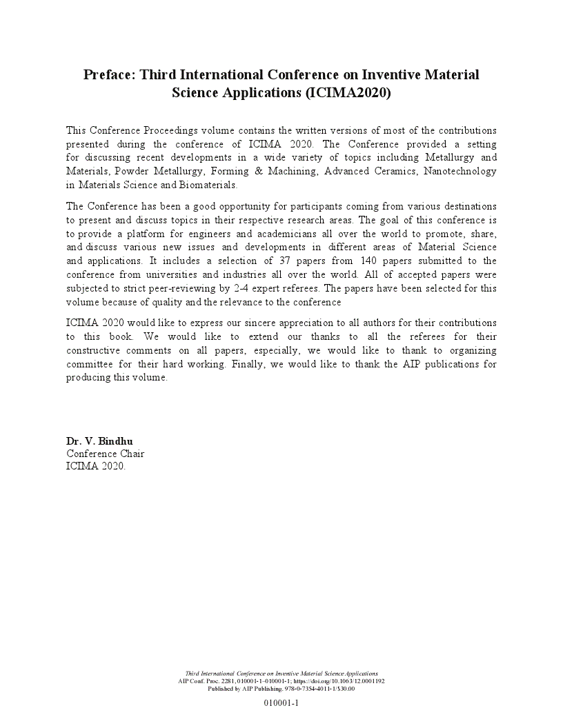 First page of Preface: Third International Conference on Inventive Material Science Applications (ICIMA2020)